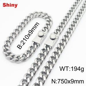 210x9mm Bracelet 750x9mm Necklace Silver Color Easy Clasp Stainless Steel Shiny Cuban Link Chain Jewelry Sets For Men Women - KS218583-Z