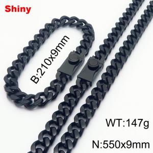 210x9mm Bracelet 550x9mm Necklace Black Color Easy Clasp Stainless Steel Shiny Link Cuban Curb Chain Chunky Jewelry Sets For Men Women - KS218586-Z