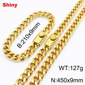 210x9mm Bracelet 450x9mm Necklace Gold Color Stainless Steel Shiny Link Cuban Curb Chain Chunky Jewelry Sets For Men Women - KS218591-Z