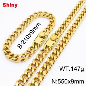 210x9mm Bracelet 550x9mm Necklace Gold Color Stainless Steel Shiny Link Cuban Curb Chain Chunky Jewelry Sets For Men Women - KS218593-Z