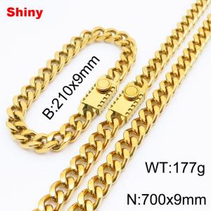 210x9mm Bracelet 700x9mm Necklace Gold Color Stainless Steel Shiny Link Cuban Curb Chain Chunky Jewelry Sets For Men Women - KS218596-Z