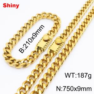 210x9mm Bracelet 750x9mm Necklace Gold Color Stainless Steel Shiny Link Cuban Curb Chain Chunky Jewelry Sets For Men Women - KS218597-Z