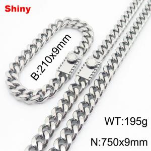 210x9mm Bracelet 750x9mm Necklace Silver Color Stainless Steel Cuban Curb Link Chain Chunky Jewelry Sets For Men Women - KS218604-Z