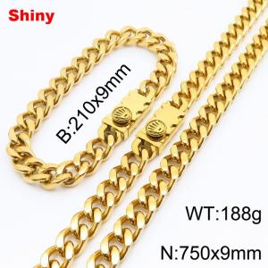 Gold stainless steel bracelet necklace Cuban chain set - KS218618-Z