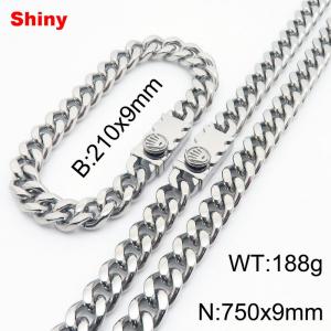 Steel colored stainless steel bracelet necklace Cuban chain set - KS218625-Z