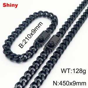 Black stainless steel bracelet necklace Cuban chain set - KS218647-Z