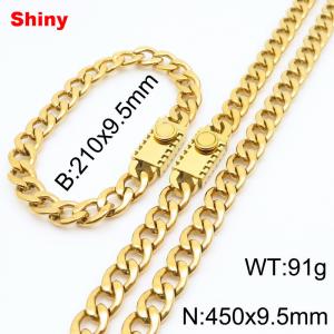 9.5MM Gold Color Stainless Steel Cuban Chain 21cm Bracelet and 45cm Necklace Set Fashion Shiny Jewelry Sets For Men and Women - KS218654-Z