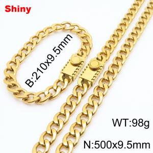 9.5MM Gold Color Stainless Steel Cuban Chain 21cm Bracelet and 50cm Necklace Set Fashion Shiny Jewelry Sets For Men and Women - KS218655-Z