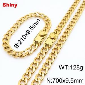 9.5MM Gold Color Stainless Steel Cuban Chain 21cm Bracelet and 70cm Necklace Set Fashion Shiny Jewelry Sets For Men and Women - KS218659-Z