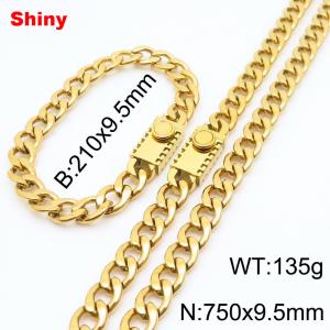 9.5MM Gold Color Stainless Steel Cuban Chain 21cm Bracelet and 75cm Necklace Set Fashion Shiny Jewelry Sets For Men and Women - KS218660-Z