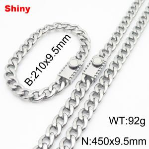 9.5MM Silver Color Stainless Steel Cuban Chain 21cm Bracelet and 45cm Necklace Set Fashion Shiny Jewelry Sets For Men and Women - KS218661-Z