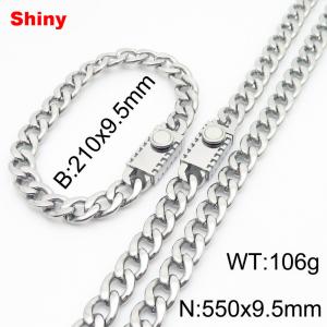 9.5MM Silver Color Stainless Steel Cuban Chain 21cm Bracelet and 55cm Necklace Set Fashion Shiny Jewelry Sets For Men and Women - KS218663-Z