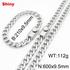 9.5MM Silver Color Stainless Steel Cuban Chain 21cm Bracelet and 60cm Necklace Set Fashion Shiny Jewelry Sets For Men and Women - KS218664-Z