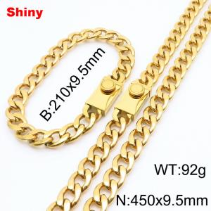 9.5MM Gold Color Stainless Steel Cuban Chain Snap 21cm Bracelet and 45cm Necklace Set Fashion Shiny Jewelry Sets For Men and Women - KS218675-Z