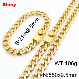 9.5MM Gold Color Stainless Steel Cuban Chain Snap 21cm Bracelet and 55cm Necklace Set Fashion Shiny Jewelry Sets For Men and Women - KS218677-Z