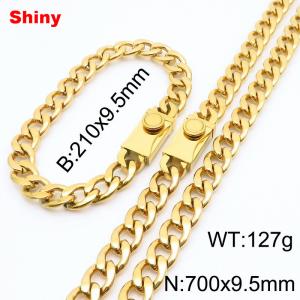 9.5MM Gold Color Stainless Steel Cuban Chain Snap 21cm Bracelet and 70cm Necklace Set Fashion Shiny Jewelry Sets For Men and Women - KS218680-Z