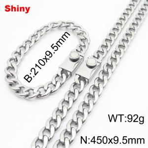 9.5MM Silver Color Stainless Steel Cuban Chain Snap 21cm Bracelet and 45cm Necklace Set Fashion Shiny Jewelry Sets For Men and Women - KS218682-Z