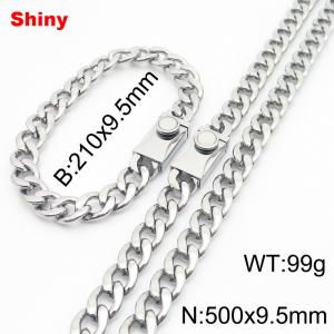 9.5MM Silver Color Stainless Steel Cuban Chain Snap 21cm Bracelet and 50cm Necklace Set Fashion Shiny Jewelry Sets For Men and Women - KS218683-Z