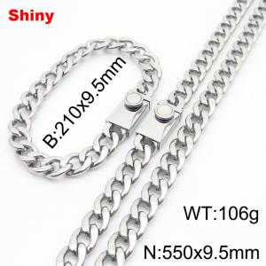 9.5MM Silver Color Stainless Steel Cuban Chain Snap 21cm Bracelet and 55cm Necklace Set Fashion Shiny Jewelry Sets For Men and Women - KS218684-Z