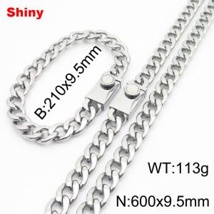 9.5MM Silver Color Stainless Steel Cuban Chain Snap 21cm Bracelet and 60cm Necklace Set Fashion Shiny Jewelry Sets For Men and Women - KS218685-Z