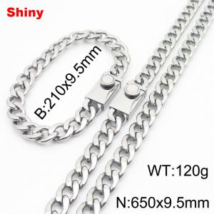 9.5MM Silver Color Stainless Steel Cuban Chain Snap 21cm Bracelet and 65cm Necklace Set Fashion Shiny Jewelry Sets For Men and Women - KS218686-Z