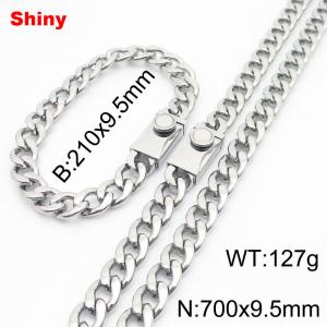 9.5MM Silver Color Stainless Steel Cuban Chain Snap 21cm Bracelet and 70cm Necklace Set Fashion Shiny Jewelry Sets For Men and Women - KS218687-Z