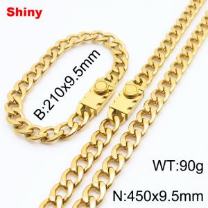 9.5MM Gold Color Stainless Steel Cuban Chain Geometrical Snap 21cm Bracelet and 45cm Necklace Set Fashion Shiny Jewelry Sets For Men and Women - KS218696-Z