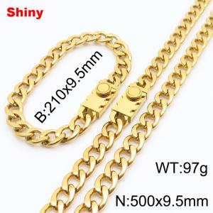 9.5MM Gold Color Stainless Steel Cuban Chain Geometrical Snap 21cm Bracelet and 50cm Necklace Set Fashion Shiny Jewelry Sets For Men and Women - KS218697-Z