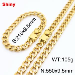 9.5MM Gold Color Stainless Steel Cuban Chain Geometrical Snap 21cm Bracelet and 55cm Necklace Set Fashion Shiny Jewelry Sets For Men and Women - KS218698-Z