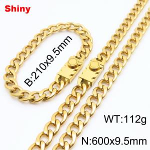 9.5MM Gold Color Stainless Steel Cuban Chain Geometrical Snap 21cm Bracelet and 60cm Necklace Set Fashion Shiny Jewelry Sets For Men and Women - KS218699-Z