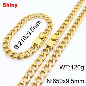 9.5MM Gold Color Stainless Steel Cuban Chain Geometrical Snap 21cm Bracelet and 65cm Necklace Set Fashion Shiny Jewelry Sets For Men and Women - KS218700-Z