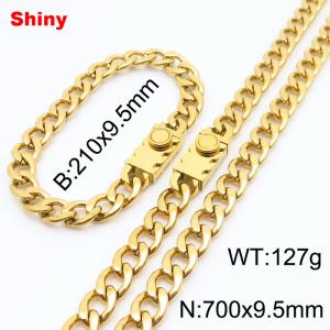 9.5MM Gold Color Stainless Steel Cuban Chain Geometrical Snap 21cm Bracelet and 70cm Necklace Set Fashion Shiny Jewelry Sets For Men and Women - KS218701-Z