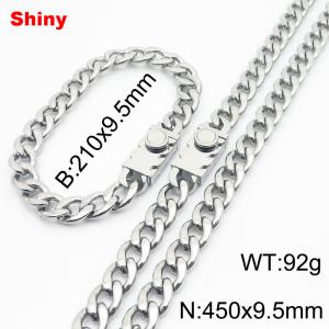 9.5MM Silver Color Stainless Steel Cuban Chain Geometrical Snap 21cm Bracelet and 45cm Necklace Set Fashion Shiny Jewelry Sets For Men and Women - KS218703-Z