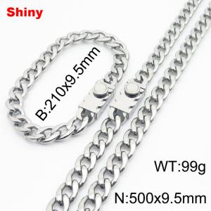 9.5MM Silver Color Stainless Steel Cuban Chain Geometrical Snap 21cm Bracelet and 50cm Necklace Set Fashion Shiny Jewelry Sets For Men and Women - KS218704-Z