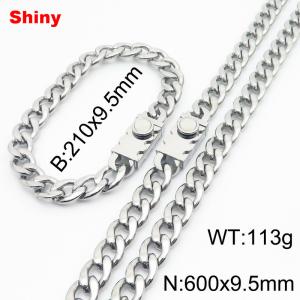 9.5MM Silver Color Stainless Steel Cuban Chain Geometrical Snap 21cm Bracelet and 60cm Necklace Set Fashion Shiny Jewelry Sets For Men and Women - KS218706-Z