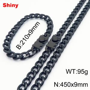 9.0MM Black Color Stainless Steel Cuban Chain Geometrical Snap 21cm Bracelet and 45cm Necklace Set Fashion Shiny Jewelry Sets For Men and Women - KS218710-Z