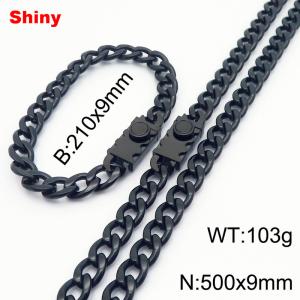 9.0MM Black Color Stainless Steel Cuban Chain Geometrical Snap 21cm Bracelet and 50cm Necklace Set Fashion Shiny Jewelry Sets For Men and Women - KS218711-Z