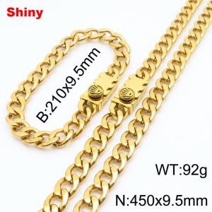 9.5MM Gold Color Stainless Steel Cuban Chain Crown Charms Snap 21cm Bracelet and 45cm Necklace Set Fashion Shiny Jewelry Sets For Men and Women - KS218717-Z