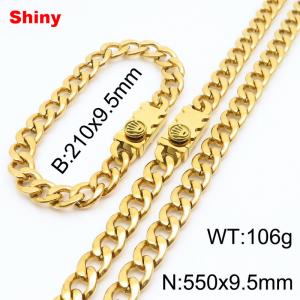 9.5MM Gold Color Stainless Steel Cuban Chain Crown Charms Snap 21cm Bracelet and 55cm Necklace Set Fashion Shiny Jewelry Sets For Men and Women - KS218719-Z