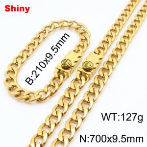 9.5MM Gold Color Stainless Steel Cuban Chain Crown Charms Snap 21cm Bracelet and 70cm Necklace Set Fashion Shiny Jewelry Sets For Men and Women - KS218722-Z