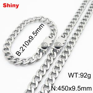 9.5MM Silver Color Stainless Steel Cuban Chain Crown Charms Snap 21cm Bracelet and 45cm Necklace Set Fashion Shiny Jewelry Sets For Men and Women - KS218724-Z