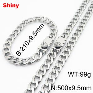 9.5MM Silver Color Stainless Steel Cuban Chain Crown Charms Snap 21cm Bracelet and 50cm Necklace Set Fashion Shiny Jewelry Sets For Men and Women - KS218725-Z