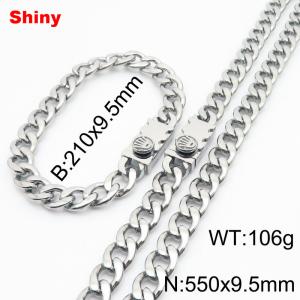 9.5MM Silver Color Stainless Steel Cuban Chain Crown Charms Snap 21cm Bracelet and 55cm Necklace Set Fashion Shiny Jewelry Sets For Men and Women - KS218726-Z