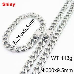 9.5MM Silver Color Stainless Steel Cuban Chain Crown Charms Snap 21cm Bracelet and 60cm Necklace Set Fashion Shiny Jewelry Sets For Men and Women - KS218727-Z