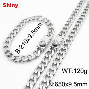 9.5MM Silver Color Stainless Steel Cuban Chain Crown Charms Snap 21cm Bracelet and 65cm Necklace Set Fashion Shiny Jewelry Sets For Men and Women - KS218728-Z