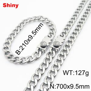 9.5MM Silver Color Stainless Steel Cuban Chain Crown Charms Snap 21cm Bracelet and 70cm Necklace Set Fashion Shiny Jewelry Sets For Men and Women - KS218729-Z