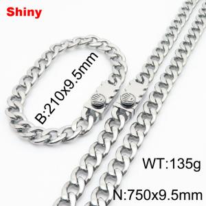 9.5MM Silver Color Stainless Steel Cuban Chain Crown Charms Snap 21cm Bracelet and 75cm Necklace Set Fashion Shiny Jewelry Sets For Men and Women - KS218730-Z