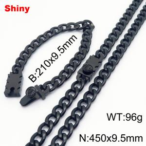 9.5MM Black Color Stainless Steel Cuban Chain Crown Charms Snap 21cm Bracelet and 45cm Necklace Set Fashion Shiny Jewelry Sets For Men and Women - KS218731-Z