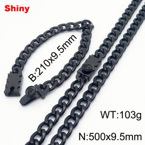 9.5MM Black Color Stainless Steel Cuban Chain Crown Charms Snap 21cm Bracelet and 50cm Necklace Set Fashion Shiny Jewelry Sets For Men and Women - KS218732-Z