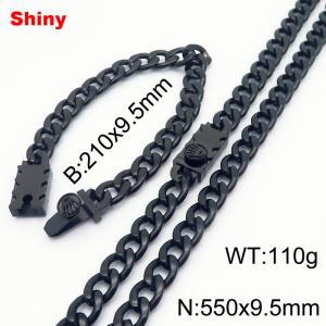 9.5MM Black Color Stainless Steel Cuban Chain Crown Charms Snap 21cm Bracelet and 55cm Necklace Set Fashion Shiny Jewelry Sets For Men and Women - KS218733-Z